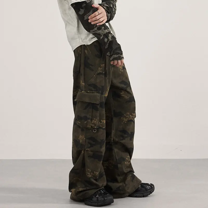 IEFB American Style Men's Trousers Side Pocket Pleated Design Camouflage Autumn Straight Pants Wide Leg Loose Male Bottom 9W4155