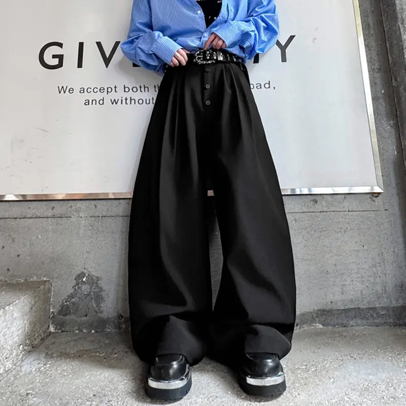 IEFB Korean Style Men's Casual Pants Button Decoration Pleated Solid Collar Curved Knife Trousers Wide Leg Male Bottom 9W4176