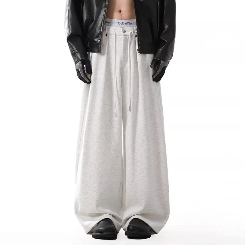 IEFB New Simple Men's Sweatshirts Solid Color Drawstring Pleated Design Bottom Wide Leg Straight All-match Male Pants 9W3992