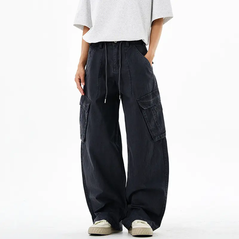 IEFB Men Casual Pants American Style Washed Solid Color Multi-Pocket Solid Color Cargo Trousers Straight Leg Male Bottom 9W3237