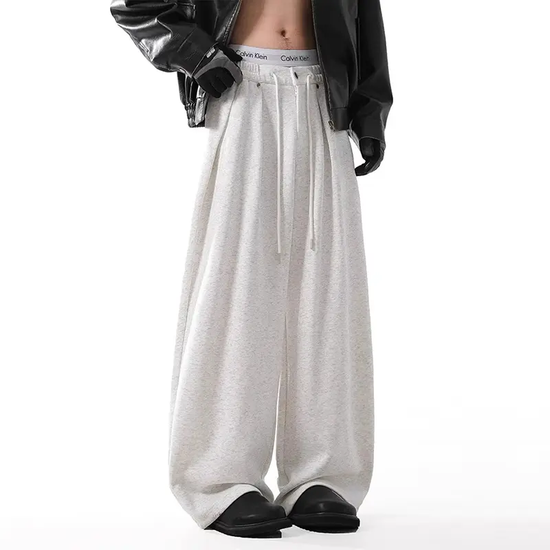 IEFB New Simple Men's Sweatshirts Solid Color Drawstring Pleated Design Bottom Wide Leg Straight All-match Male Pants 9W3992