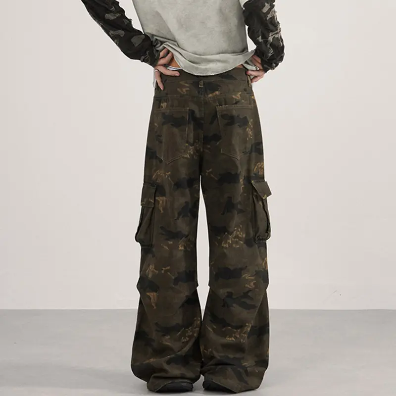 IEFB American Style Men's Trousers Side Pocket Pleated Design Camouflage Autumn Straight Pants Wide Leg Loose Male Bottom 9W4155