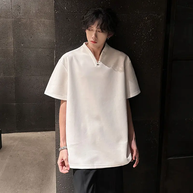 IEFB Summer Men's Tees Metal Decoration Solid Color Short Sleeved T-shirts Korean Style V-neck Loose Male Pullover Tops 9W3489