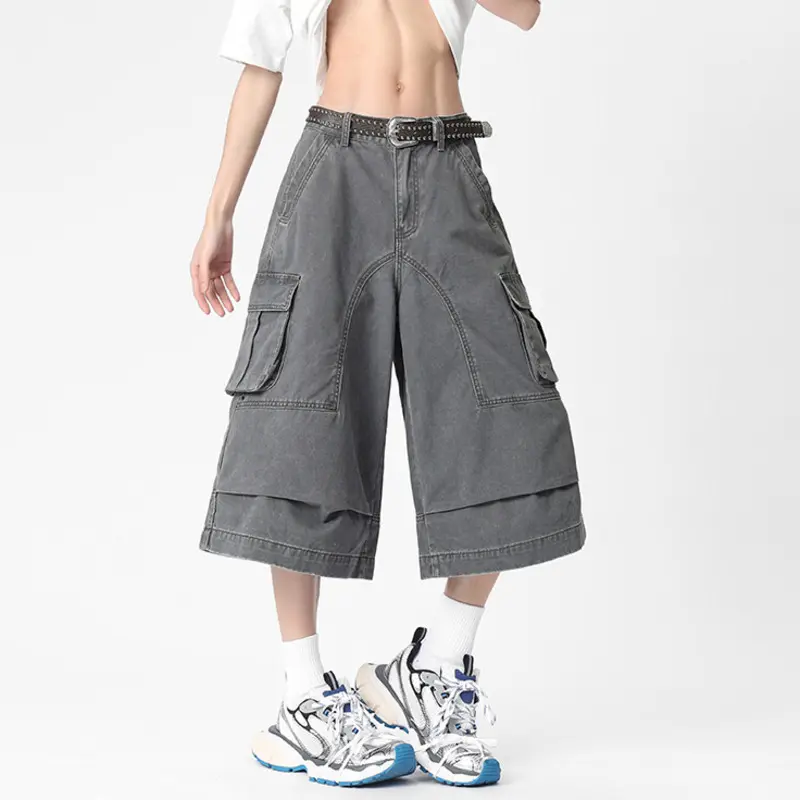 IEFB Simple Men's Cargo Shorts Casual Solid Color Pleated Design Trousers Patchwork Side Pockets Male Straight Bottom 9W2888
