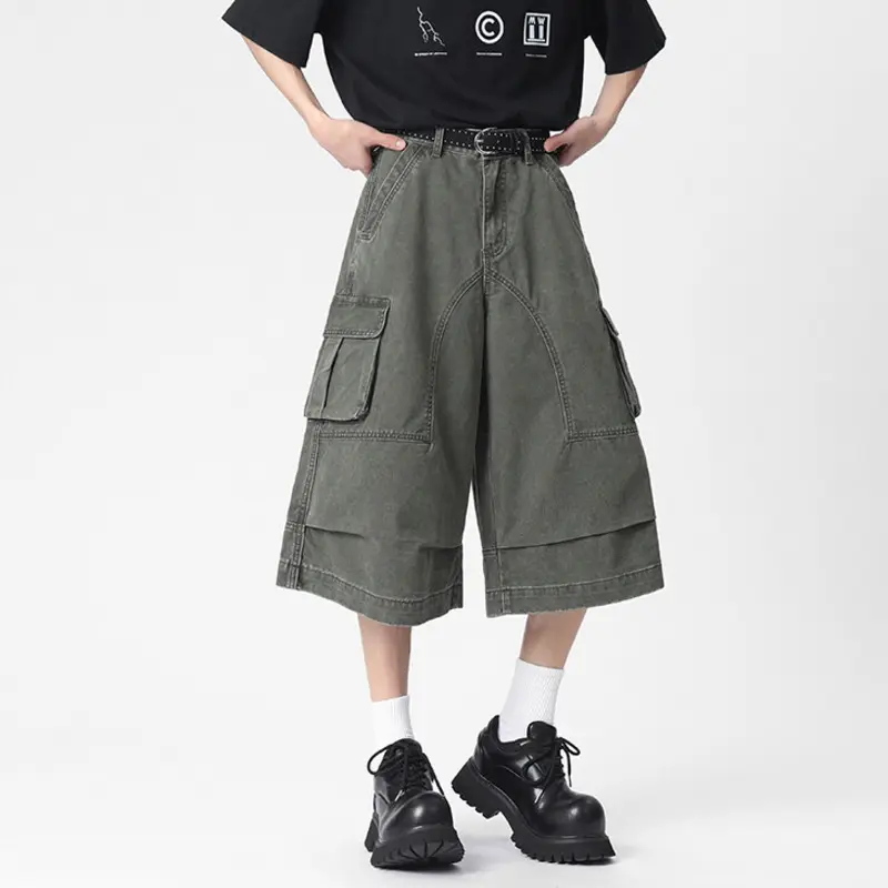 IEFB Simple Men's Cargo Shorts Casual Solid Color Pleated Design Trousers Patchwork Side Pockets Male Straight Bottom 9W2888