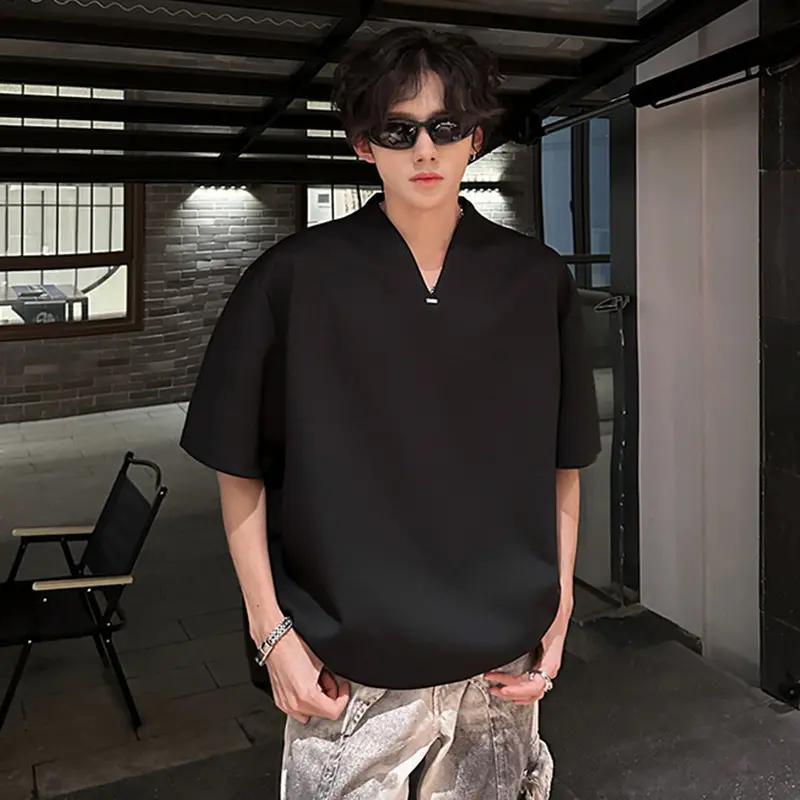 IEFB Summer Men's Tees Metal Decoration Solid Color Short Sleeved T-shirts Korean Style V-neck Loose Male Pullover Tops 9W3489