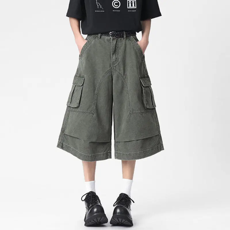 IEFB Simple Men's Cargo Shorts Casual Solid Color Pleated Design Trousers Patchwork Side Pockets Male Straight Bottom 9W2888