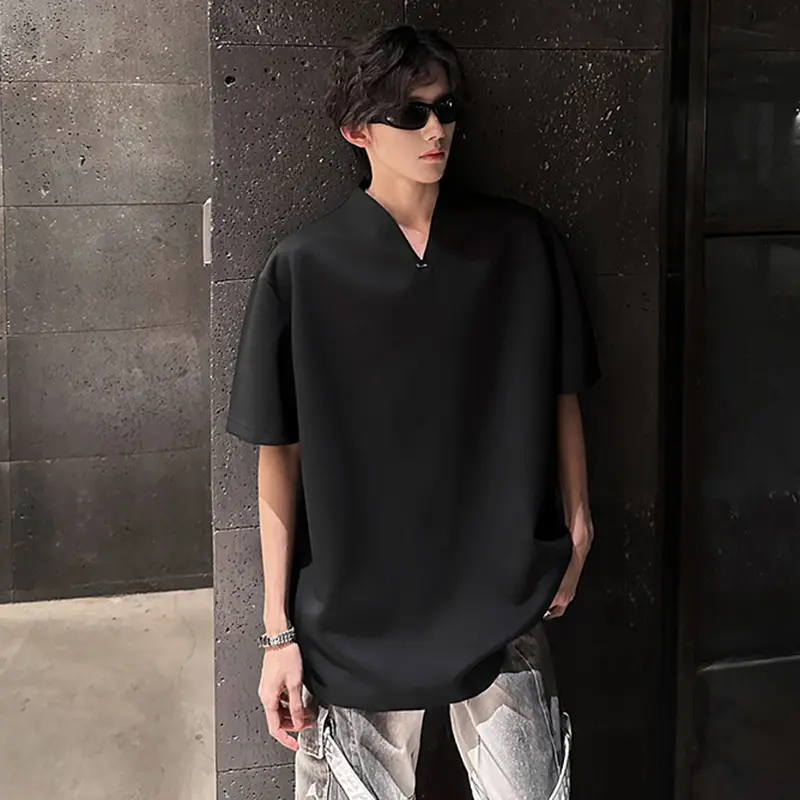 IEFB Summer Men's Tees Metal Decoration Solid Color Short Sleeved T-shirts Korean Style V-neck Loose Male Pullover Tops 9W3489