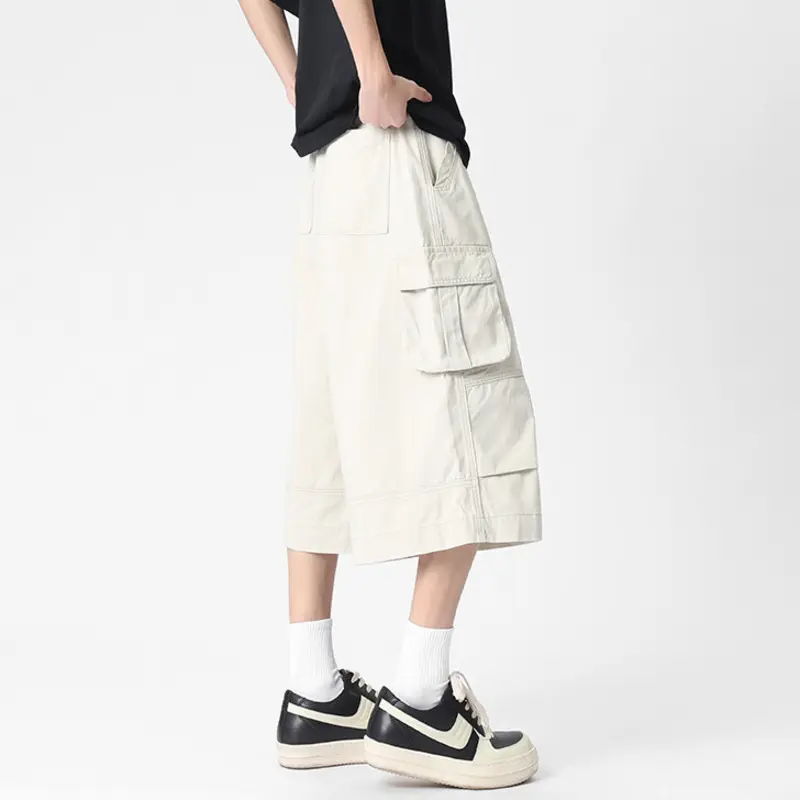 IEFB Simple Men's Cargo Shorts Casual Solid Color Pleated Design Trousers Patchwork Side Pockets Male Straight Bottom 9W2888