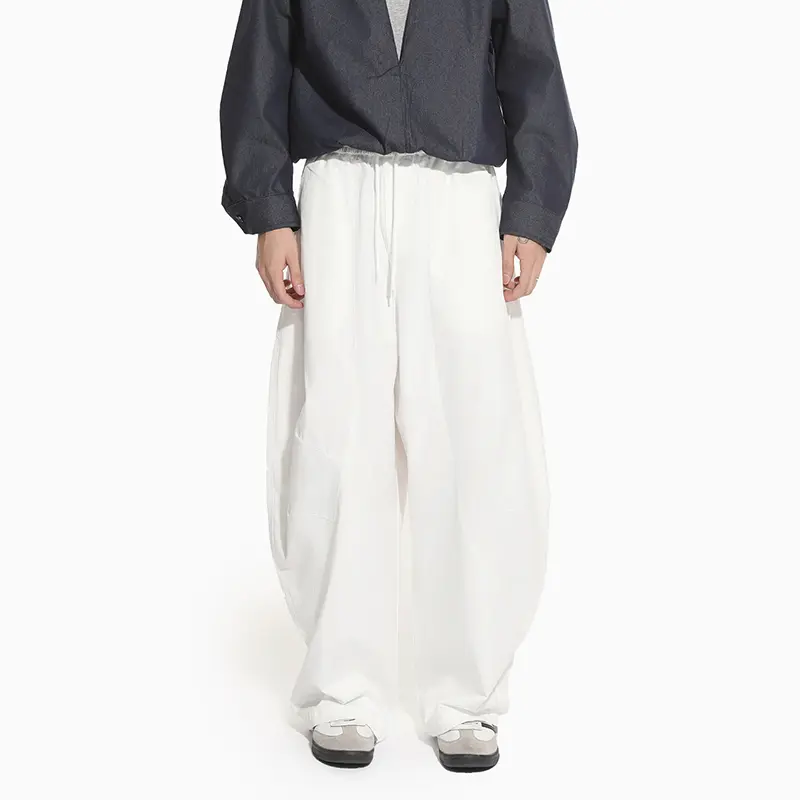 IEFB Korean Style Men Casual Pants Solid Color Pleated Design Drawstring Curved Knife Trousers Elastic Waist Male Bottom 9W4304