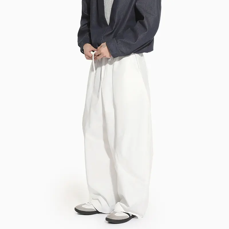 IEFB Korean Style Men Casual Pants Solid Color Pleated Design Drawstring Curved Knife Trousers Elastic Waist Male Bottom 9W4304