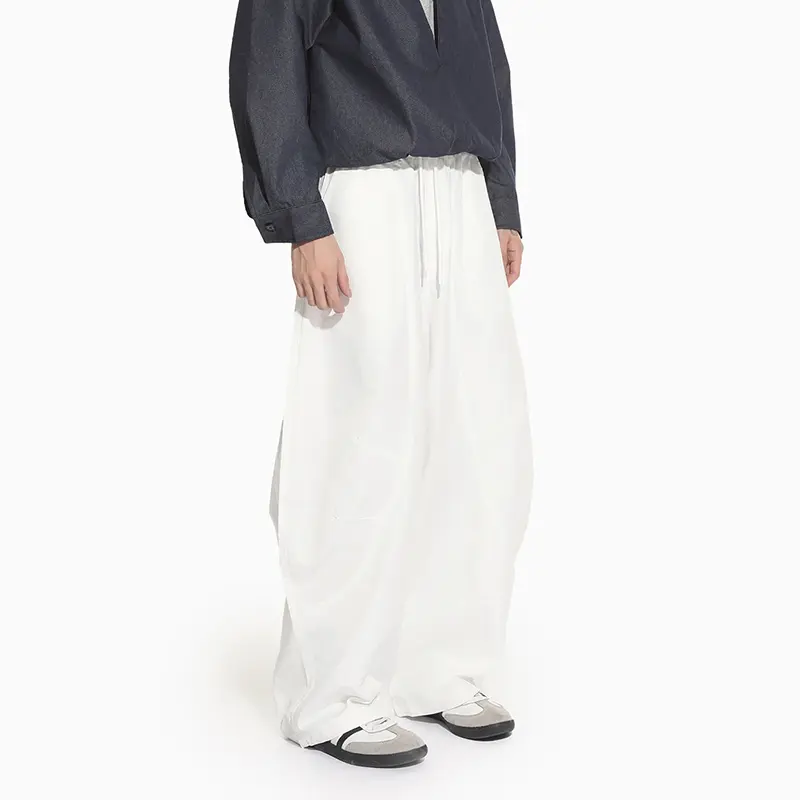 IEFB Korean Style Men Casual Pants Solid Color Pleated Design Drawstring Curved Knife Trousers Elastic Waist Male Bottom 9W4304