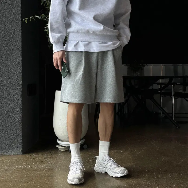 IEFB Korean Style Men's Casual Shorts Drawstring Solid Color Wide Leg Pleated Elastic Waist Straight Male Trousers Summer 9W3107