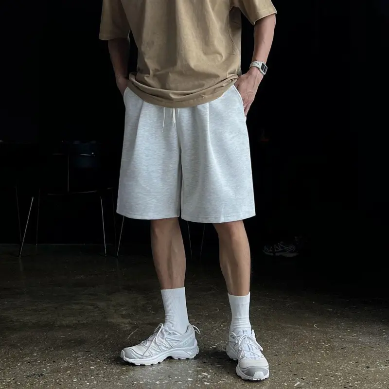 IEFB Korean Style Men's Casual Shorts Drawstring Solid Color Wide Leg Pleated Elastic Waist Straight Male Trousers Summer 9W3107