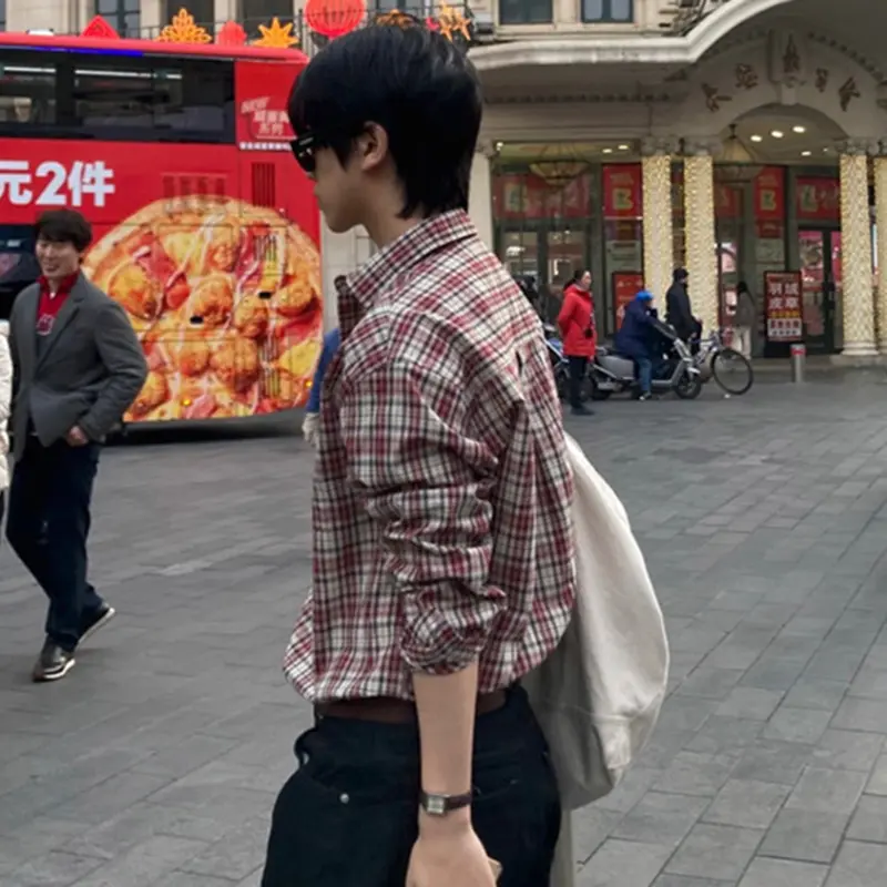 IEFB Plaid Long Sleeve Shirt Men Autumn Korean New Chic Loose Casual Shirts Handsome Male Top Lapel Single Breasted 9W4025