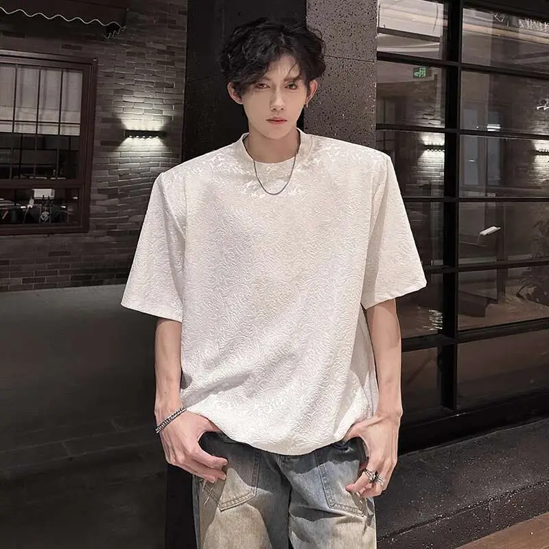 IEFB Korean Style Men's T-shirts Round Collar Jacquard Solid Color Short Sleeved Casual Tops Pullover Male Tees Trendy 9W3846