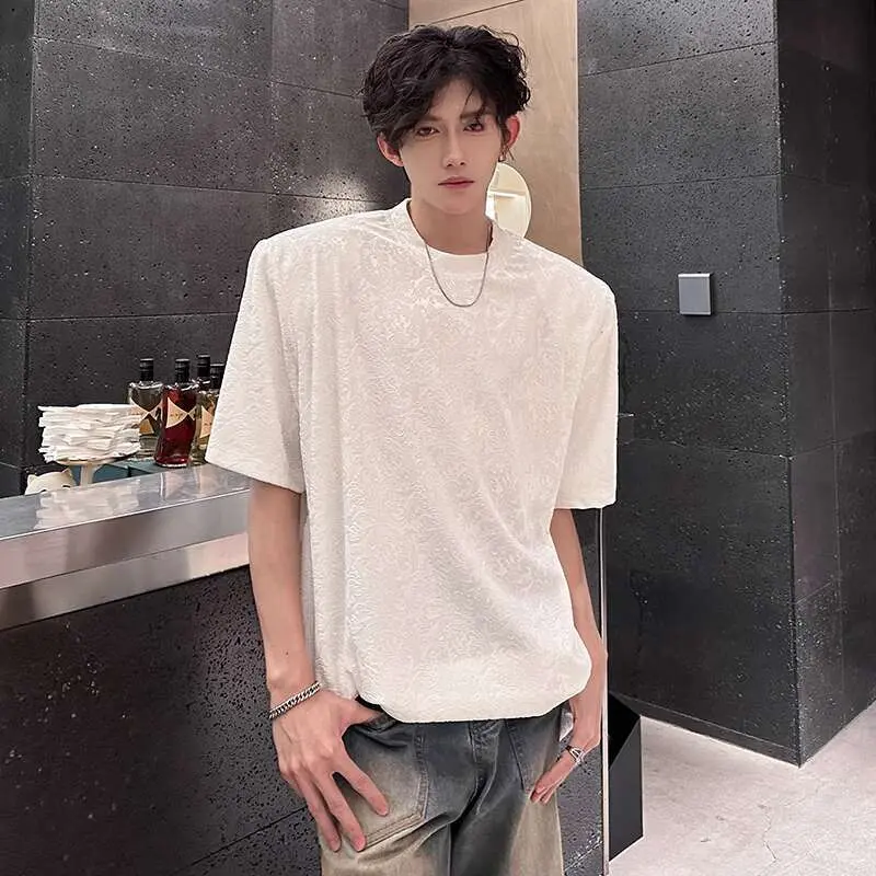 IEFB Korean Style Men's T-shirts Round Collar Jacquard Solid Color Short Sleeved Casual Tops Pullover Male Tees Trendy 9W3846