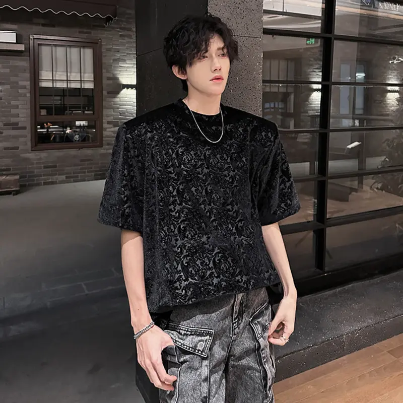 IEFB Korean Style Men's T-shirts Round Collar Jacquard Solid Color Short Sleeved Casual Tops Pullover Male Tees Trendy 9W3846