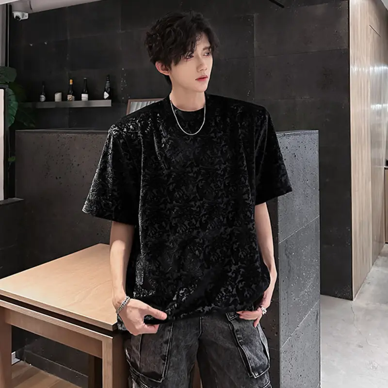IEFB Korean Style Men's T-shirts Round Collar Jacquard Solid Color Short Sleeved Casual Tops Pullover Male Tees Trendy 9W3846