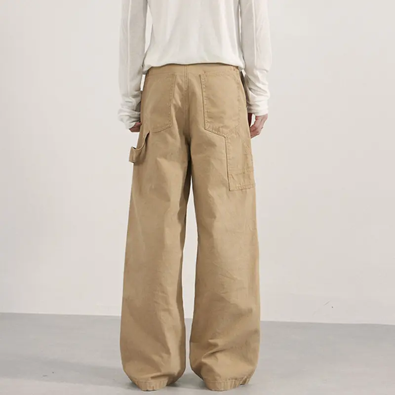 IEFB New simple men's casual pants solid color patchwork ribbon washing straight all-match wide leg male trousers autumn 9W4188