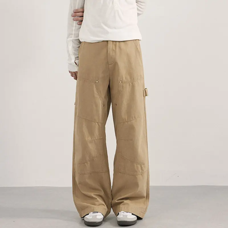 IEFB New simple men's casual pants solid color patchwork ribbon washing straight all-match wide leg male trousers autumn 9W4188
