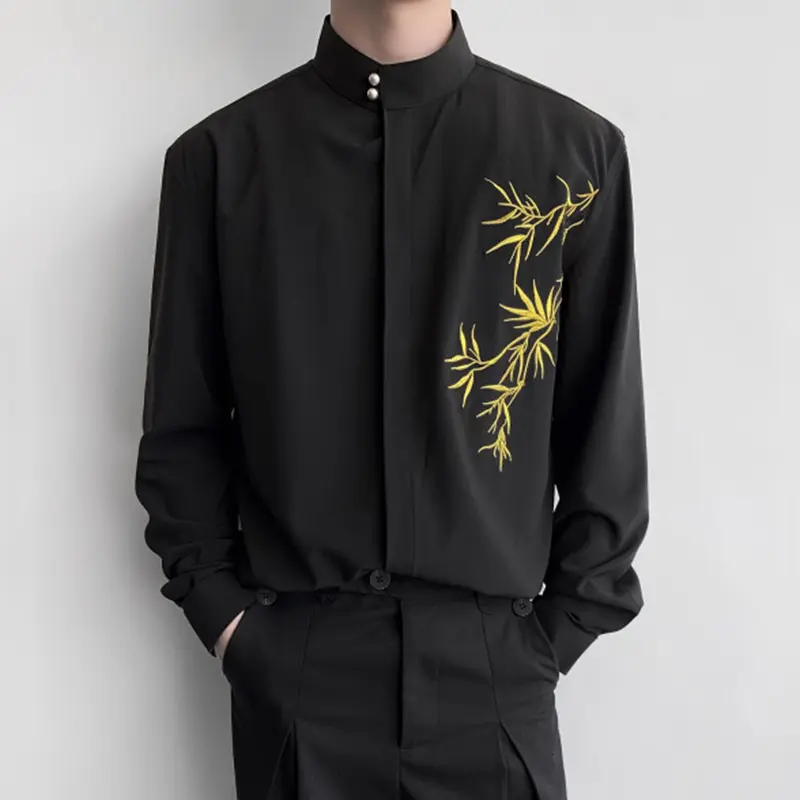 IEFB Chinese Style Men's Shirts Stand Collar Bamboo Embroidery Contrast Color Knit Buton Loose Long Sleeved Male Tops 9W4216