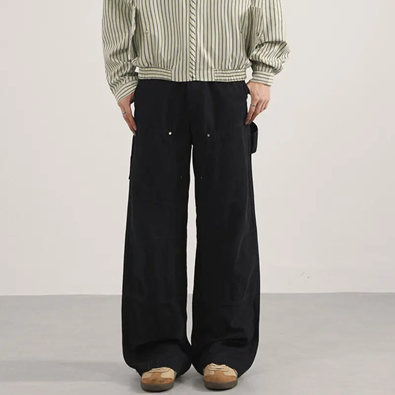 IEFB New simple men's casual pants solid color patchwork ribbon washing straight all-match wide leg male trousers autumn 9W4188