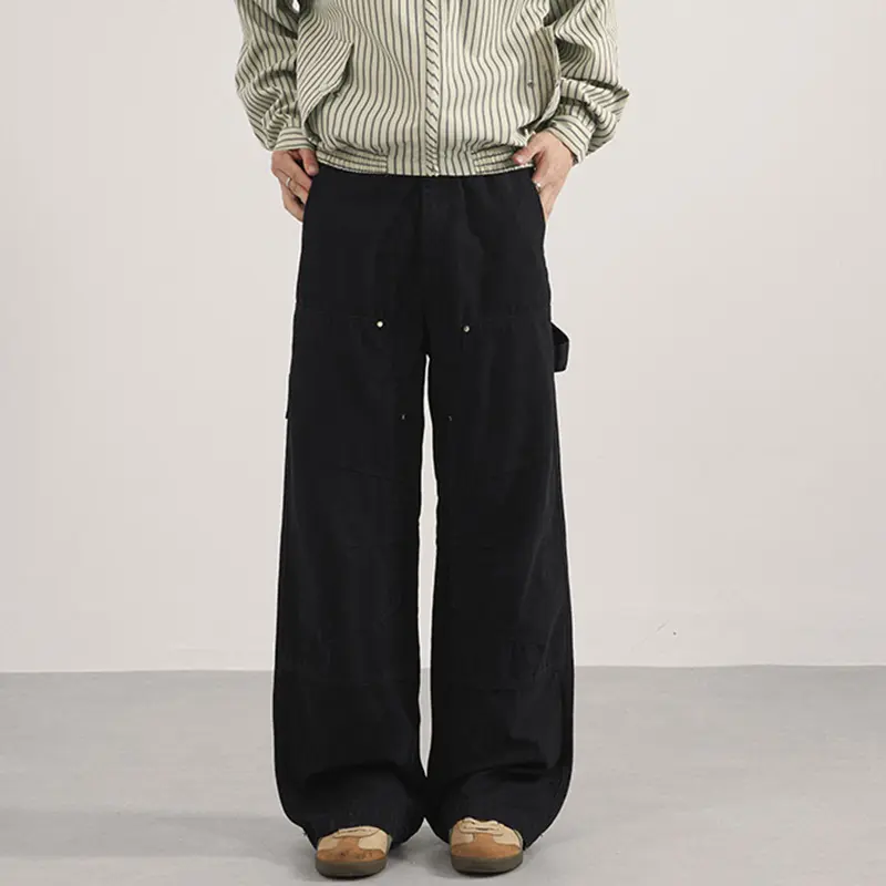 IEFB New simple men's casual pants solid color patchwork ribbon washing straight all-match wide leg male trousers autumn 9W4188