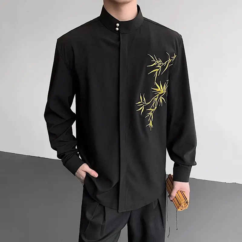 IEFB Chinese Style Men's Shirts Stand Collar Bamboo Embroidery Contrast Color Knit Buton Loose Long Sleeved Male Tops 9W4216
