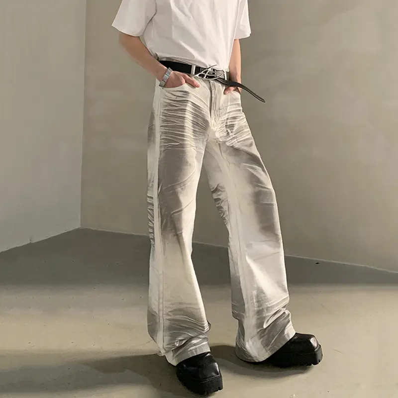 IEFB Dirty-dying Men Jeans Worn-out Washing Contrast Color Niche Design Wide Leg Trendy Loose All-match Male Denim Pants 9W3820