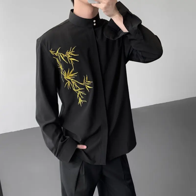 IEFB Chinese Style Men's Shirts Stand Collar Bamboo Embroidery Contrast Color Knit Buton Loose Long Sleeved Male Tops 9W4216