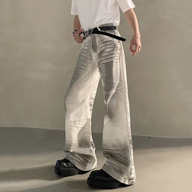 IEFB Dirty-dying Men Jeans Worn-out Washing Contrast Color Niche Design Wide Leg Trendy Loose All-match Male Denim Pants 9W3820