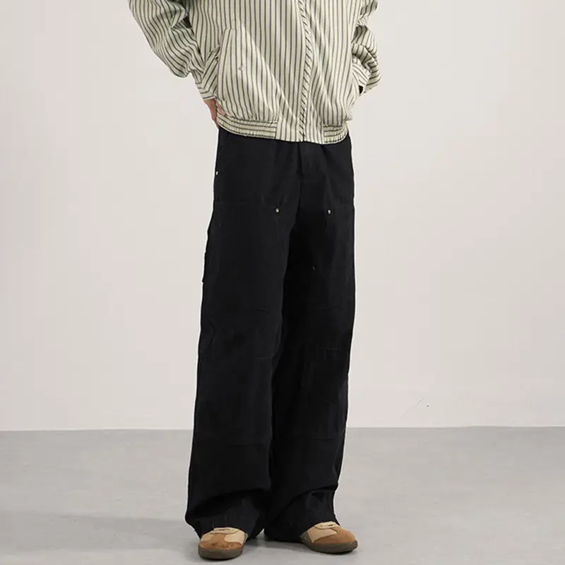 IEFB New simple men's casual pants solid color patchwork ribbon washing straight all-match wide leg male trousers autumn 9W4188
