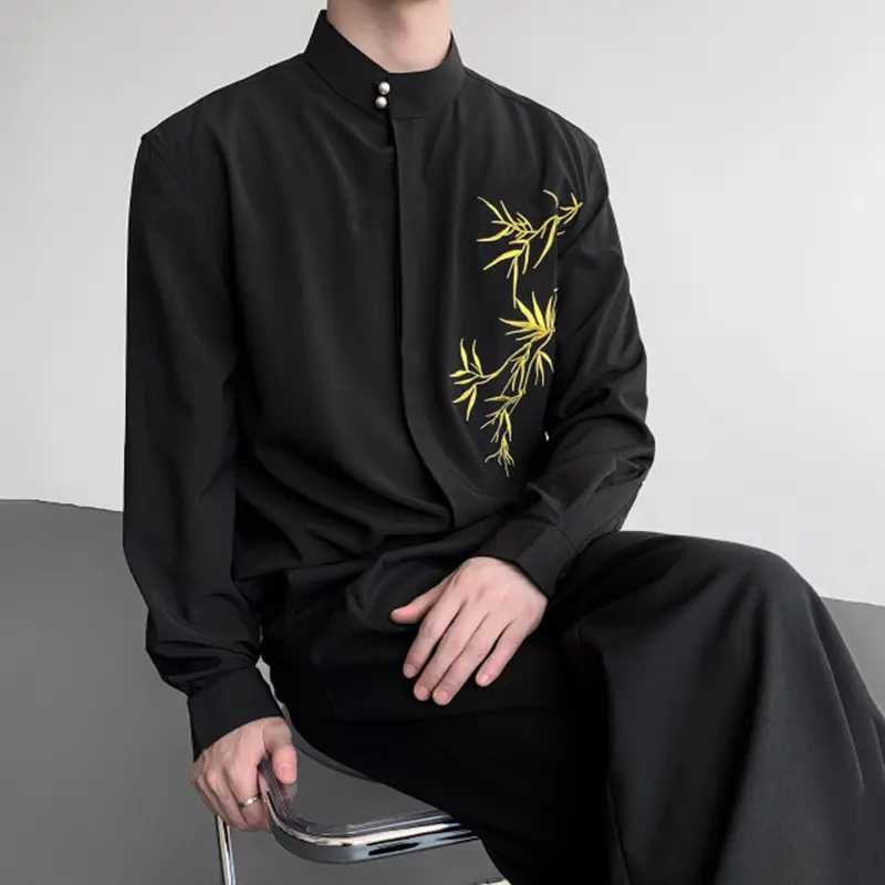 IEFB Chinese Style Men's Shirts Stand Collar Bamboo Embroidery Contrast Color Knit Buton Loose Long Sleeved Male Tops 9W4216