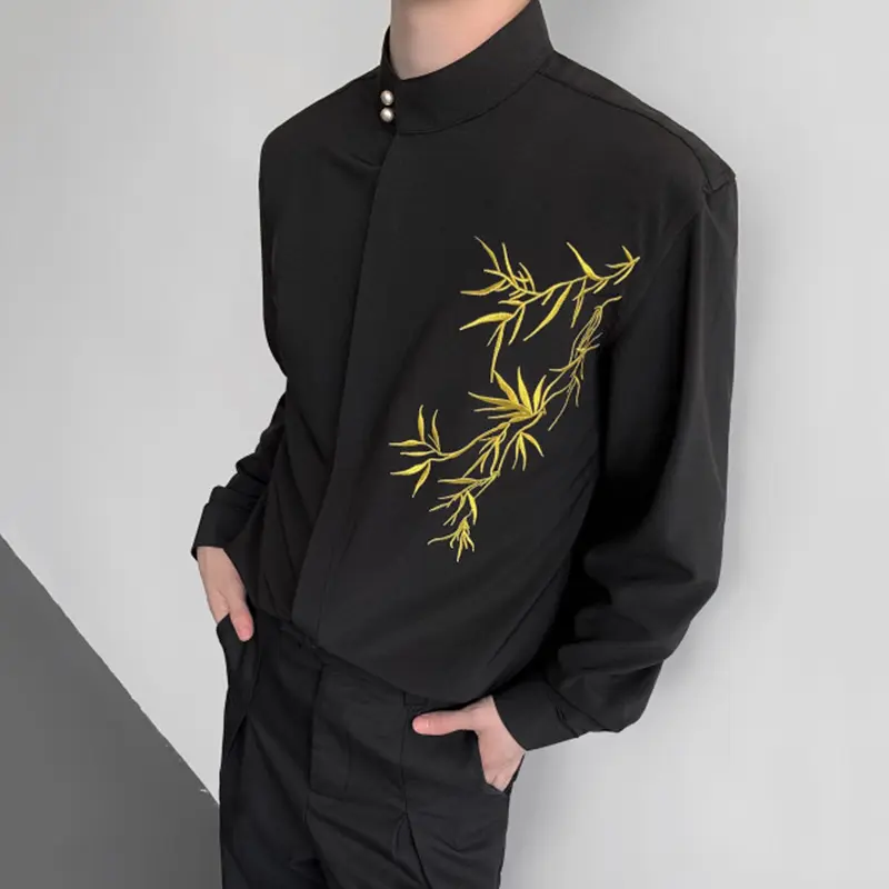 IEFB Chinese Style Men's Shirts Stand Collar Bamboo Embroidery Contrast Color Knit Buton Loose Long Sleeved Male Tops 9W4216