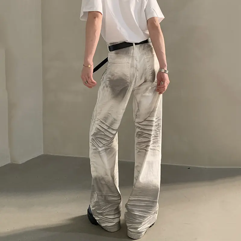 IEFB Dirty-dying Men Jeans Worn-out Washing Contrast Color Niche Design Wide Leg Trendy Loose All-match Male Denim Pants 9W3820