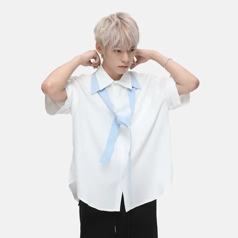 IEFB Men's Short Sleeve Shirt With Belt Casual Loose Fit Turn-down Collar Solid Color Male Top Summer New Fashion Trend  9W3430