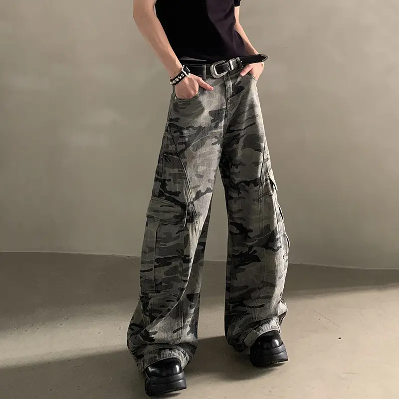 IEFB American Style Men Denim Pants Camouflage Side Pocket Patchwork Design Bottom Straight Leg Male Cargo Jeans Vintage 9W3822
