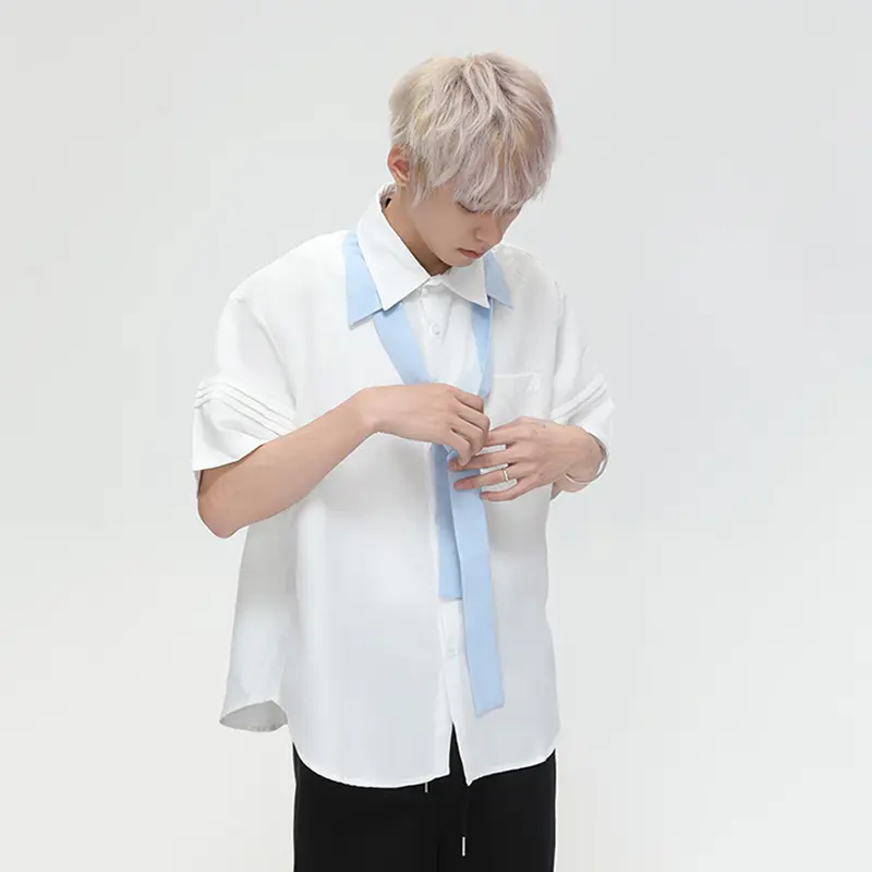 IEFB Men's Short Sleeve Shirt With Belt Casual Loose Fit Turn-down Collar Solid Color Male Top Summer New Fashion Trend  9W3430