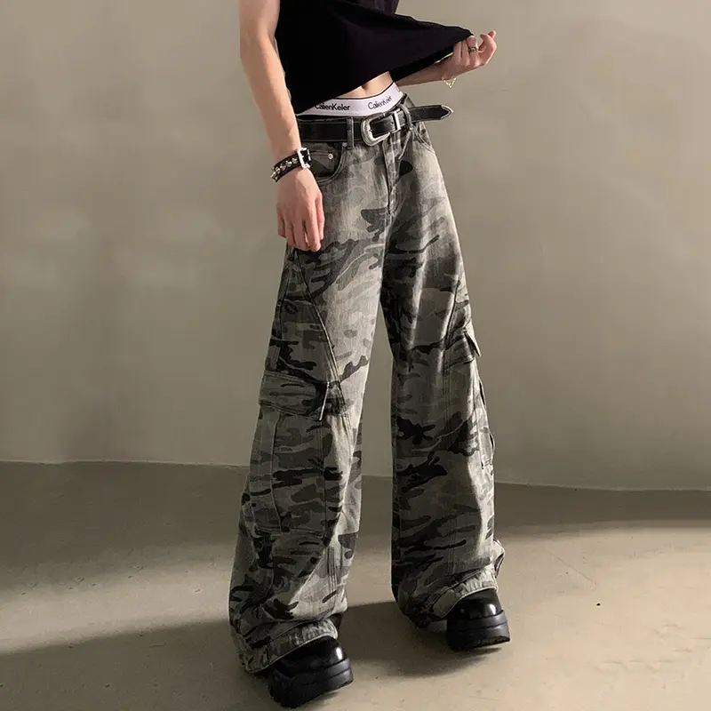 IEFB American Style Men Denim Pants Camouflage Side Pocket Patchwork Design Bottom Straight Leg Male Cargo Jeans Vintage 9W3822