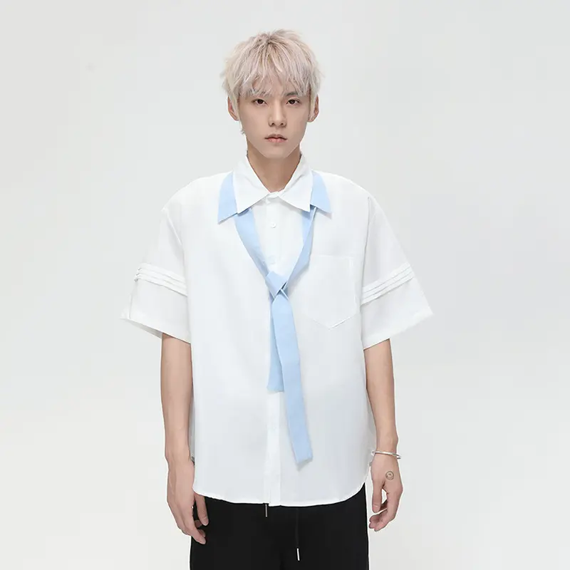 IEFB Men's Short Sleeve Shirt With Belt Casual Loose Fit Turn-down Collar Solid Color Male Top Summer New Fashion Trend  9W3430
