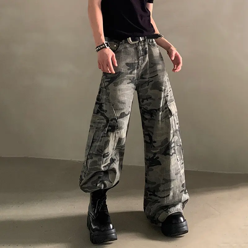 IEFB American Style Men Denim Pants Camouflage Side Pocket Patchwork Design Bottom Straight Leg Male Cargo Jeans Vintage 9W3822