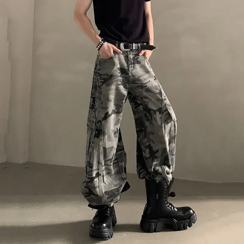 IEFB American Style Men Denim Pants Camouflage Side Pocket Patchwork Design Bottom Straight Leg Male Cargo Jeans Vintage 9W3822