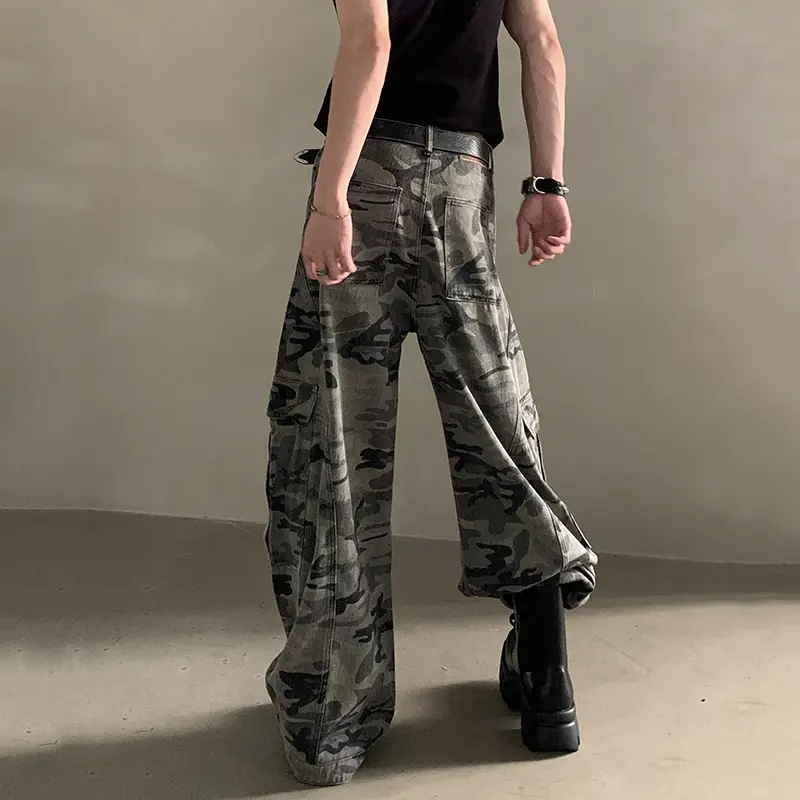 IEFB American Style Men Denim Pants Camouflage Side Pocket Patchwork Design Bottom Straight Leg Male Cargo Jeans Vintage 9W3822