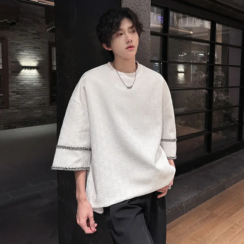 IEFB New Fashion Men's Tees Round Neck Contrast Color Solid Color Jacquard Casual Menswear Loose Short Sleeve Male Tops 9W3845