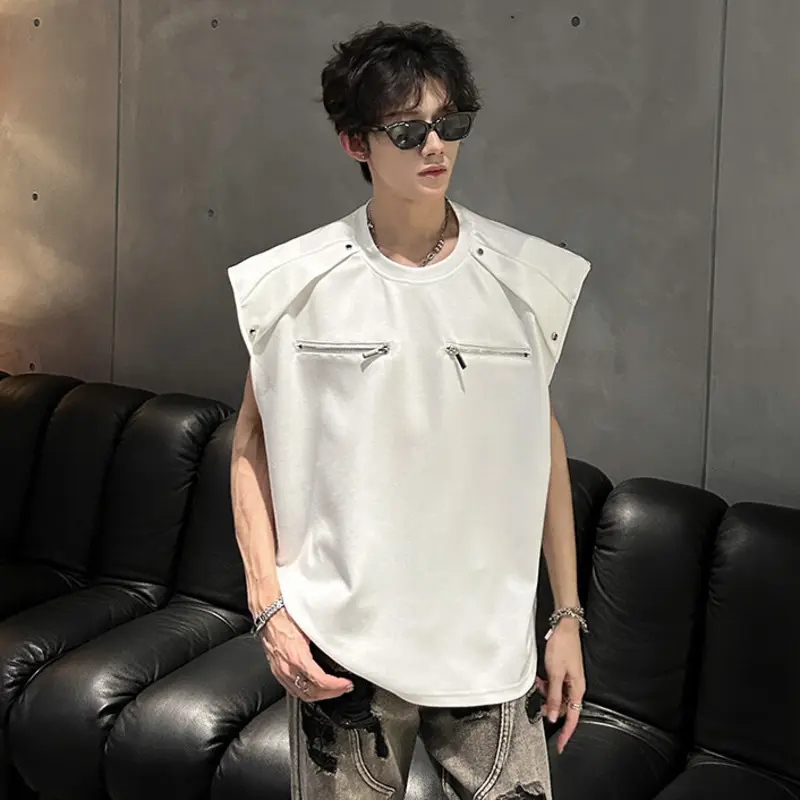 IEFB Korean Style Men's Tank Tops Round Collar Sleeveless Zipper Patchwork Solid Color Shoulder Padded Loose Male Vests 9W3723