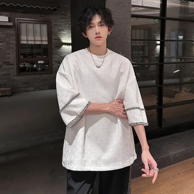 IEFB New Fashion Men's Tees Round Neck Contrast Color Solid Color Jacquard Casual Menswear Loose Short Sleeve Male Tops 9W3845