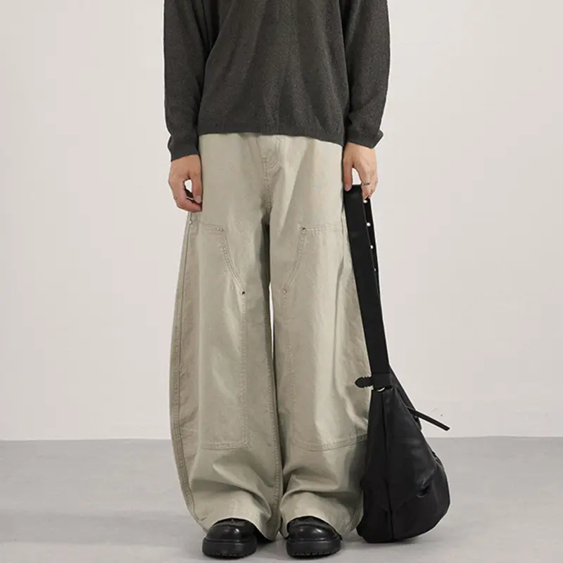 IEFB Men's American Style Rivet Cargo Pants Unisex Loose Vintage Wide Leg Curved Knife Trousers Side Pocket Male Bottom 9W4189