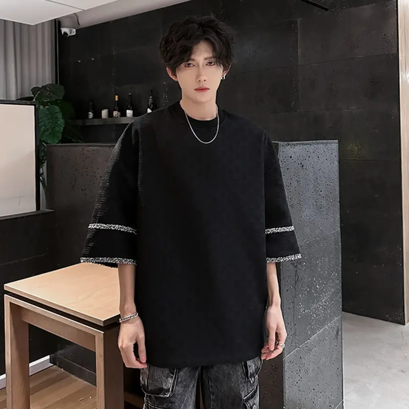 IEFB New Fashion Men's Tees Round Neck Contrast Color Solid Color Jacquard Casual Menswear Loose Short Sleeve Male Tops 9W3845