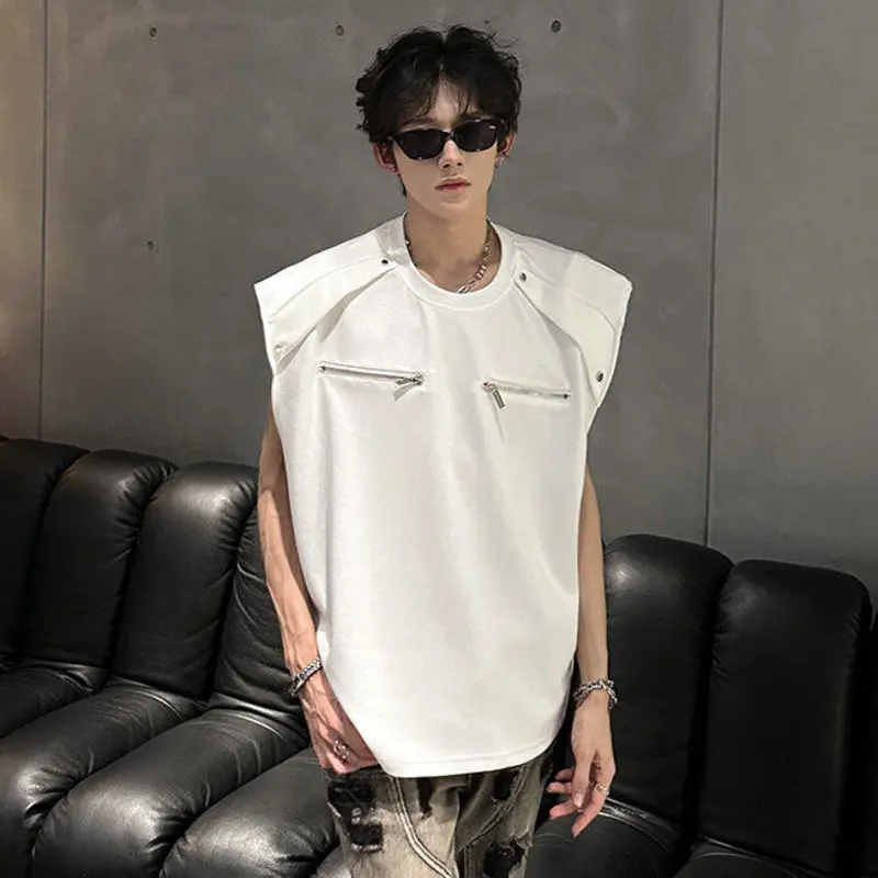 IEFB Korean Style Men's Tank Tops Round Collar Sleeveless Zipper Patchwork Solid Color Shoulder Padded Loose Male Vests 9W3723